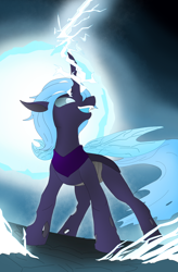 Size: 1600x2432 | Tagged: safe, artist:puginpocket, derpibooru import, oc, oc only, oc:nihea tamin, changeling, blue mane, blue tail, changeling oc, cracks, evil smile, ground, lightning, looking at someone, magic, magic aura, male, purple changeling, shadow, smiling, solo, spread wings, standing, tail, wings