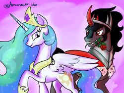 Size: 2160x1620 | Tagged: safe, artist:amanecerlobo, derpibooru import, king sombra, princess celestia, pony, unicorn, g4, female, flower, horn, male, rose, ship:celestibra, shipping, straight