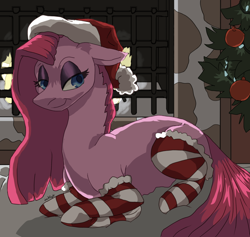 Size: 1224x1159 | Tagged: safe, artist:lawkbutt, derpibooru import, pinkie pie, earth pony, pony, g4, christmas, christmas lights, christmas tree, clothes, female, hat, holiday, looking at you, lying down, mare, pinkamena diane pie, ponyloaf, prone, santa hat, socks, solo, striped socks, tree