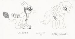 Size: 1905x984 | Tagged: safe, artist:coelacanth0794, derpibooru import, derpy hooves, oc, oc:jayene, griffon, pony, g4, monochrome, traditional art