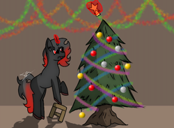 Size: 1440x1054 | Tagged: safe, artist:thomas.senko, derpibooru import, oc, oc only, oc:shade starlight, pony, unicorn, 2024, ^^, black hair, catchlights, chair, christmas, christmas 2024, christmas ball, christmas lights, christmas star, christmas tree, commission, commissioner:shade starlight, dark skin, digital art, ears up, eyes closed, eyes open, focus, focused, garland, holiday, hooves, horn, indoors, looking up, male, male oc, mane, nervous, nervous sweat, no eyelashes, older male, pony oc, quadrupedal, raised hoof, raised leg, red eyes, red hair, red horn, silly, silly pony, simple background, simple shading, small chair, solo, tongue, tongue out, tree, unicorn oc