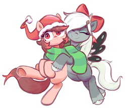 Size: 1124x967 | Tagged: safe, artist:deerie, derpibooru import, oc, oc only, oc:asbestos, oc:wormy, earth pony, pegasus, christmas, clothes, female, flying, hat, holiday, hug, mare, santa hat, scarf, simple background, smiling, spread wings, wings