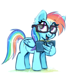 Size: 2508x2508 | Tagged: safe, artist:pozya1007, derpibooru import, rainbow dash, pegasus, pony, g4, adorkable, book, cute, dashabetes, dork, egghead, egghead dash, female, filly, foal, glasses, nerd, one wing out, open mouth, open smile, reading rainboom, simple background, smiling, solo, tape, taped glasses, white background, wing hands, wings