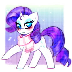 Size: 1410x1410 | Tagged: safe, artist:pozya1007, derpibooru import, rarity, pony, unicorn, g4, clothes, cute, eyeshadow, female, horn, looking at you, makeup, mare, passepartout, scarf, signature, solo, striped scarf