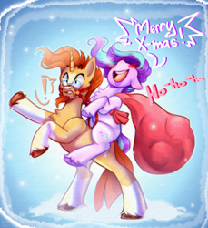 Size: 4295x4684 | Tagged: safe, artist:pozya1007, derpibooru import, starlight glimmer, sunburst, pony, unicorn, g4, abstract background, blushing, christmas, cute, duo, duo male and female, female, glasses, gradient background, holiday, horn, looking to side, looking to the left, male, mare, open mouth, ponies riding ponies, rearing, riding, riding a pony, santa sack, shipping, stallion, starburst, straight, unshorn fetlocks, yelling