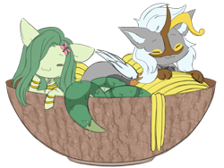 Size: 1217x913 | Tagged: safe, artist:belka-sempai, artist:polofastter, derpibooru import, oc, oc only, oc:apollo, oc:lamey, draconequus, lamia, original species, snake, snake pony, :3, bowl, bracelet, curved horn, duo, duo male and female, eyes closed, female, flower, flower in hair, folded wings, food, horn, jewelry, male, noodles, ramen, simple background, sketch, transparent background, wings