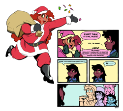 Size: 2296x2080 | Tagged: safe, artist:bixels, derpibooru import, applejack, fluttershy, pinkie pie, rainbow dash, rarity, twilight sparkle, human, g4, alternate name, christmas, christmas 2024, clothes, comic, confetti, costume, dark skin, dialogue, female, gritted teeth, hand over mouth, hat, high res, holiday, humanized, mane six, santa costume, santa hat, santa sack, shhh, simple background, speech bubble, tan skin, teeth, the grand galloping 20s, white background