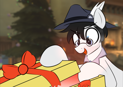 Size: 1522x1080 | Tagged: safe, artist:cortavi, derpibooru import, oc, oc only, oc:fatal fix, earth pony, pony, :d, blurry background, christmas, christmas tree, clothes, fire, fireplace, glasses, glowing, happy, hat, hearth's warming, holiday, indoors, male, medic (tf2), open mouth, open smile, present, smiling, solo, stallion, surprised, team fortress 2, tree