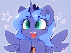 Size: 3000x2250 | Tagged: safe, artist:zokkili, derpibooru import, princess luna, alicorn, pony, g4, beanbrows, crown, cute, ear fluff, ears, eye clipping through hair, eyebrows, eyebrows visible through hair, female, high res, horn, jewelry, lunabetes, open mouth, open smile, peytral, regalia, smiling, solo, sparkles, sparkly eyes, spread wings, wingding eyes, wings