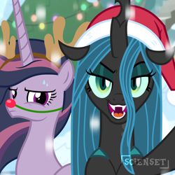 Size: 1280x1280 | Tagged: safe, artist:queenchangeling, artist:scienset, derpibooru import, mean twilight sparkle, queen chrysalis, alicorn, changeling, changeling queen, pony, g4, christmas, christmas changeling, duo, duo female, female, hat, holiday, mare, princess mean twilight 2.0, santa hat