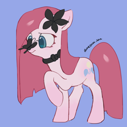 Size: 4096x4096 | Tagged: safe, artist:metaruscarlet, derpibooru import, pinkie pie, butterfly, earth pony, pony, g4, blue background, flower, flower in hair, pinkamena diane pie, raised hoof, raised leg, ribbon, simple background, solo