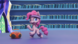 Size: 4096x2304 | Tagged: safe, derpibooru import, screencap, pinkie pie, earth pony, pony, g4, g4.5, my little pony: stop motion short, pinkie pie wants to play, boombox, cute, library, smiling, solo, twilight's castle, twilight's castle library