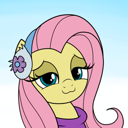 Size: 1500x1500 | Tagged: safe, artist:vomitvomiting, derpibooru import, fluttershy, pony, g4, :3, clothes, gradient background, looking at you, solo, winter outfit