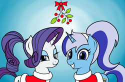 Size: 1500x986 | Tagged: safe, artist:vomitvomiting, derpibooru import, minuette, rarity, pony, unicorn, g4, alternate hairstyle, christmas, clothes, duo, female, gradient background, holiday, horn, looking at you, mare, mistleholly, ponytail, smiling, smiling at you