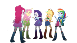 Size: 666x375 | Tagged: safe, derpibooru import, applejack, fluttershy, pinkie pie, rainbow dash, rarity, human, equestria girls, g4, belt, boots, clothes, cowboy boots, cowboy hat, female, hat, high heel boots, humane five, jacket, shirt, shoes, simple background, skirt, socks, solo, transparent background, vest