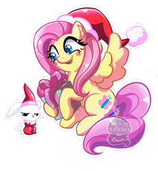 Size: 1200x1300 | Tagged: safe, artist:royalbabble, derpibooru import, angel bunny, fluttershy, pegasus, pony, g4, angel bunny is not amused, blush sticker, blushing, christmas, cute, duo, duo male and female, elf costume, female, frown, hat, holiday, male, mare, present, santa hat, shyabetes, simple background, transparent background, unamused