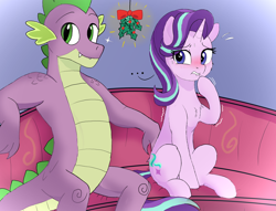 Size: 1878x1437 | Tagged: safe, artist:local sugar provider, derpibooru exclusive, derpibooru import, spike, starlight glimmer, dragon, pony, unicorn, g4, adult, adult spike, anxious, blush lines, blushing, cute, duo, female, hearth's warming, holly, holly mistaken for mistletoe, horn, imminent kissing, leaning, leaning back, lip bite, male, mare, nervous, older, older spike, raised hoof, raised leg, scales, shaking, shaking hoof, ship:sparlight, shipping, shy, sitting, size difference, smiling, sofa, sparkles, straight, sweat, sweatdrop