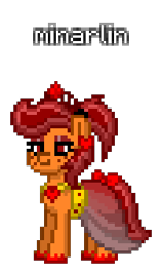 Size: 192x324 | Tagged: safe, artist:princess ice color twinkle, derpibooru import, oc, oc:minarlin, earth pony, pony, clothes, crimson crown, crimson mane, crimson tail, eyelashes, eyeshadow, female, freckles, gold belt, jewelry, makeup, mare, necklace, pony town, ponytail, red bow, red ear accessory, red hooves