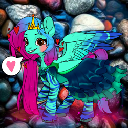 Size: 1024x1024 | Tagged: oc name needed, safe, derpibooru import, oc, pegasus, avatar maker fantasy pony, blushing, chat bubble, clothes, colored wings, crown, eyelashes, feet design, female, green skin, gritted teeth, heart, jewelry, mare, regalia, spread wings, tail, teeth, teeth grinding, two toned mane, two toned tail, two toned wings, wings