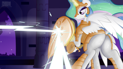 Size: 3840x2160 | Tagged: safe, artist:virenth, derpibooru import, princess celestia, alicorn, pony, g4, action pose, armor, butt, combat, female, mare, plot, plot heavy, raised tail, shield, sunbutt, sword, tail, wallpaper, weapon