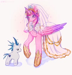 Size: 1925x2000 | Tagged: safe, artist:kitsu, artist:strawbee_fox, derpibooru import, princess cadance, shining armor, alicorn, pony, unicorn, g4, blushing, chest fluff, clothes, collar, crown, dress, duo, duo male and female, female, headdress, hoof shoes, horn, horn ring, jewelry, long hair, long mane, male, meme, messy mane, princess shoes, regalia, ring, shiningcadance, shipping, smiling, straight, the bride and the ugly ass groom, veil, wedding dress, wedding veil