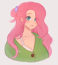 Size: 1829x2048 | Tagged: safe, artist:kitsu, artist:strawbee_fox, derpibooru import, fluttershy, human, g4, blue eyes, blushing, bra, bra strap, clothes, female, flower, flower in hair, humanized, lace, looking at you, messy hair, pink hair, simple background, solo, underwear