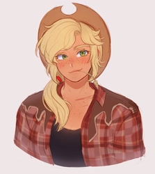 Size: 1829x2048 | Tagged: safe, artist:kitsu, artist:strawbee_fox, derpibooru import, applejack, human, g4, applejack's hat, blonde, blonde hair, blushing, clothes, cowboy hat, female, food, freckles, golden eyes, hat, humanized, ponytail, shirt, solo, straw in mouth, wheat