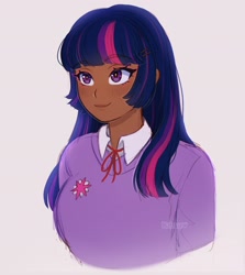 Size: 1828x2048 | Tagged: safe, artist:kitsu, artist:strawbee_fox, derpibooru import, twilight sparkle, human, g4, blouse, blushing, collar, dark skin, female, humanized, long hair, purple eyes, simple background, solo, straight hair, three toned hair