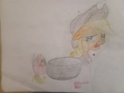 Size: 4096x3072 | Tagged: safe, artist:victoric1993, derpibooru import, applejack, earth pony, applebuck season, g4, banana, bowl, carrot, cucumber, disgusted, food, mug, my little pony: friendship is magic, pear, tomato, traditional art