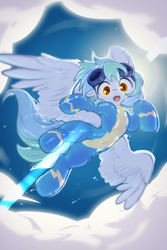 Size: 3200x4800 | Tagged: safe, artist:zylgchs, derpibooru import, oc, oc only, oc:siriusnavigator, pegasus, pony, clothes, cloud, flying, goggles, goggles on head, latex, latex suit, lens flare, male, solo, stallion, uniform, wonderbolts uniform