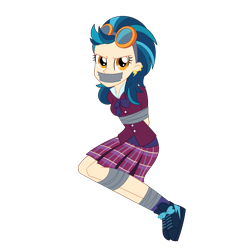 Size: 2500x2500 | Tagged: safe, artist:nie-martw-sie-o-mnie, derpibooru import, indigo zap, human, equestria girls, g4, bondage, bound and gagged, bowtie, clothes, crystal prep academy uniform, ear piercing, earring, female, gag, goggles, goggles on head, human female, jewelry, looking at you, piercing, pleated skirt, school uniform, simple background, skirt, tape, tape bondage, tape gag, transparent background, uniform