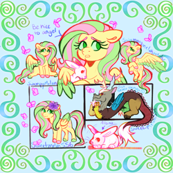 Size: 1280x1280 | Tagged: safe, artist:sweetmelon556, derpibooru import, angel bunny, discord, fluttershy, pony, g4, alternate design, alternate hair color, alternate mane color, alternate universe, colored wings, friendshipping, two toned wings, wings