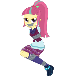 Size: 2500x2500 | Tagged: safe, artist:nie-martw-sie-o-mnie, derpibooru import, sour sweet, human, equestria girls, g4, bondage, bound and gagged, bowtie, clothes, crystal prep academy uniform, freckles, gag, kneesocks, looking at you, pleated skirt, school uniform, simple background, skirt, socks, tape, tape bondage, tape gag, transparent background