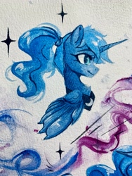 Size: 3024x4032 | Tagged: safe, artist:jsunlight, derpibooru import, princess luna, alicorn, pony, g4, bust, chest fluff, female, high res, mare, peytral, ponytail, portrait, profile, smiling, solo, traditional art, watercolor painting, wings