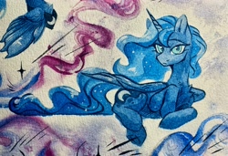 Size: 4032x2752 | Tagged: safe, artist:jsunlight, derpibooru import, princess luna, alicorn, pony, g4, chest fluff, female, folded wings, head turn, high res, looking at you, lying down, mare, solo, traditional art, watercolor painting, wings