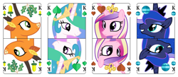 Size: 3200x1400 | Tagged: safe, artist:parclytaxel, derpibooru import, princess cadance, princess celestia, princess luna, the great seedling, alicorn, pony, series:parcly's pony pattern playing cards, g4, acorn, bell, branches for antlers, bust, dryad, elk, female, german, grin, heart, king of hearts, leaf, male, mare, oak tree, one of these things is not like the others, playing card, portrait, rotational symmetry, smiling, tree, vector