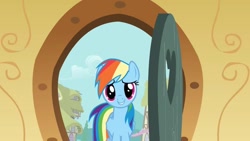 Size: 1000x563 | Tagged: safe, derpibooru import, screencap, rainbow dash, pony, g4, party of one, cute, dashabetes, door, looking at you, my little pony: friendship is magic, primal, rainbow dash is best pony, smiling, smiling at you, solo