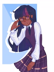 Size: 3072x4096 | Tagged: safe, artist:lunastxar, derpibooru import, twilight sparkle, human, equestria girls, g4, clothes, dark skin, female, glasses, humanized, necktie, shirt, simple background, skirt, solo, vest