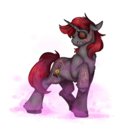 Size: 2300x2300 | Tagged: safe, artist:molars, derpibooru import, oc, oc only, oc:willow wisp, pony, unicorn, fallout equestria, fallout equestria: of shadows, commission, ghoul eyes, gritted teeth, horn, pink cloud (fo:e), radiation, raised hoof, raised leg, scar, semi ghoul, solo, teeth, unshorn fetlocks