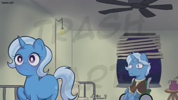 Size: 2048x1152 | Tagged: safe, artist:eltrash_art6, derpibooru import, jack pot, trixie, pony, unicorn, g4, bed, bojack horseman, ceiling fan, clothes, commission, dementia, duo, duo male and female, fan, father and child, father and daughter, female, fridge horror, horn, male, mare, night, parent and child, parody, sad, shirt, spoilers for another series, stallion, the implications are horrible, watermark, wheelchair