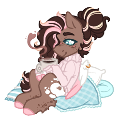 Size: 969x1000 | Tagged: safe, artist:kazmuun, derpibooru import, oc, oc only, oc:coffee swirl, pegasus, pony, blue eyelashes, blue eyes, blush lines, blushing, brown coat, clothes, coat markings, coffee, coffee mug, colored, colored eyebrows, colored eyelashes, colored hooves, colored lineart, colored wings, colored wingtips, commission, cushion, drink, feminine stallion, flat colors, freckles, heart, heart eyes, hooves, leg fluff, leg freckles, leg markings, male, male oc, mug, pegasus oc, piercing, pillow, pink hooves, pink sweater, ponytail, profile, signature, simple background, sitting, smiling, solo, splotches, stallion, stallion oc, striped mane, striped tail, sweater, tail, tied mane, trans male, transgender, transgender oc, transparent background, turtleneck, turtleneck sweater, two toned mane, two toned tail, two toned wings, white pupils, white wings, wing fluff, wing piercing, wingding eyes, wings, ych result