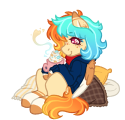 Size: 1042x1000 | Tagged: safe, artist:kazmuun, derpibooru import, oc, oc only, oc:caprisun fishes, pegasus, pony, bandana, blue hoodie, blush lines, blushing, chocolate, clothes, coat markings, coffee mug, colored, colored eartips, colored eyelashes, colored hooves, colored lineart, colored pinnae, colored wings, colored wingtips, commission, cream coat, cushion, drink, ear freckles, ear markings, eye clipping through hair, eyebrows, eyebrows visible through hair, facial markings, female, female oc, flat colors, food, freckles, gradient mane, gradient tail, heart, heart eyes, hoodie, hooves, hot chocolate, leg stripes, magenta eyelashes, magenta eyes, mare, mare oc, mug, neckerchief, orange hooves, orange mane, orange tail, orange wings, pegasus oc, pillow, pink eyes, profile, signature, simple background, sitting, smiling, socks (coat marking), solo, stirped tail, striped mane, stripes, sweater, tail, transparent background, two toned wings, white pupils, white wingtips, wingding eyes, wings, ych result, yellow coat