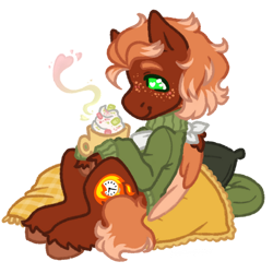 Size: 900x900 | Tagged: safe, artist:kazmuun, derpibooru import, oc, oc only, oc:golden flare, pegasus, pony, bandage, bandaged, bandaged wing, broken wing, cast, chocolate, clothes, coffee mug, colored, colored eyebrows, colored eyelashes, colored hooves, colored lineart, colored wings, colored wingtips, commission, cushion, drink, flat colors, folded wings, food, freckles, green eyelashes, green eyes, green sweater, heart, heart eyes, hooves, hot chocolate, injured wing, marshmallow, mug, nonbinary, nonbinary oc, orange mane, orange tail, pegasus oc, pillow, pink wingtips, profile, red coat, red hooves, signature, simple background, sitting, smiling, solo, sweater, tail, three toned wings, transparent background, turtleneck, turtleneck sweater, two toned mane, two toned tail, unshorn fetlocks, wingding eyes, wings, ych result