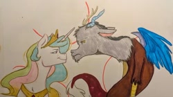 Size: 640x359 | Tagged: safe, artist:swampmarsh, derpibooru import, discord, princess celestia, alicorn, draconequus, pony, crayon drawing, crown, dislestia, drawing, duo, female, horn, jewelry, looking at each other, looking at someone, male, marker drawing, regalia, role reversal, shipping, smuglestia, straight, traditional art, trollestia