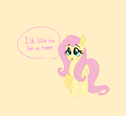 Size: 973x900 | Tagged: safe, artist:taffy-toffee, artist:toxiccolour, derpibooru import, fluttershy, pegasus, pony, g4, female, fluttertree, i'd like to be a tree, open mouth, raised hoof, raised leg, simple background, solo, speech bubble, yellow background