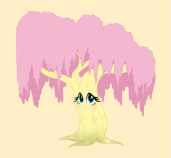 Size: 973x900 | Tagged: safe, artist:taffy-toffee, artist:toxiccolour, derpibooru import, fluttershy, g4, female, fluttertree, i'd like to be a tree, simple background, solo, tree, yellow background