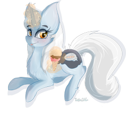 Size: 1000x900 | Tagged: safe, artist:tractaresolidum, derpibooru import, oc, oc only, oc:gray matter, unicorn, 2017, blushing, colored, digital art, eyelashes, food, horn, ice cream, ice cream cone, looking at you, magic, orange eyes, shading, simple background, smiling, smiling at you, solo, tail, tongue, tongue out, transparent background, unicorn oc, white mane, white tail