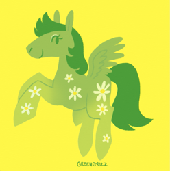 Size: 1339x1349 | Tagged: safe, artist:greengrizz, derpibooru import, oc, oc only, oc:spring breeze (pinleaf), pegasus, 2023, colored, digital art, eyelashes, feathered wings, flat colors, green body, green mane, green tail, looking back, pegasus oc, side view, signature, simple background, smiling, solo, tail, wings, yellow background