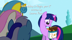 Size: 1920x1080 | Tagged: safe, derpibooru import, screencap, lemon hearts, minuette, twilight sparkle, twinkleshine, unicorn twilight, pony, unicorn, friendship is magic, g4, bag, book, female, horn, mare, my little pony: friendship is magic, outdoors, saddle bag, title