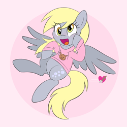 Size: 2048x2048 | Tagged: safe, artist:czscribbles, derpibooru import, derpy hooves, pegasus, pony, g4, clothes, cute, derpabetes, eye clipping through hair, female, flying, hoof on cheek, mare, open mouth, open smile, simple background, smiling, solo, sweater, white background